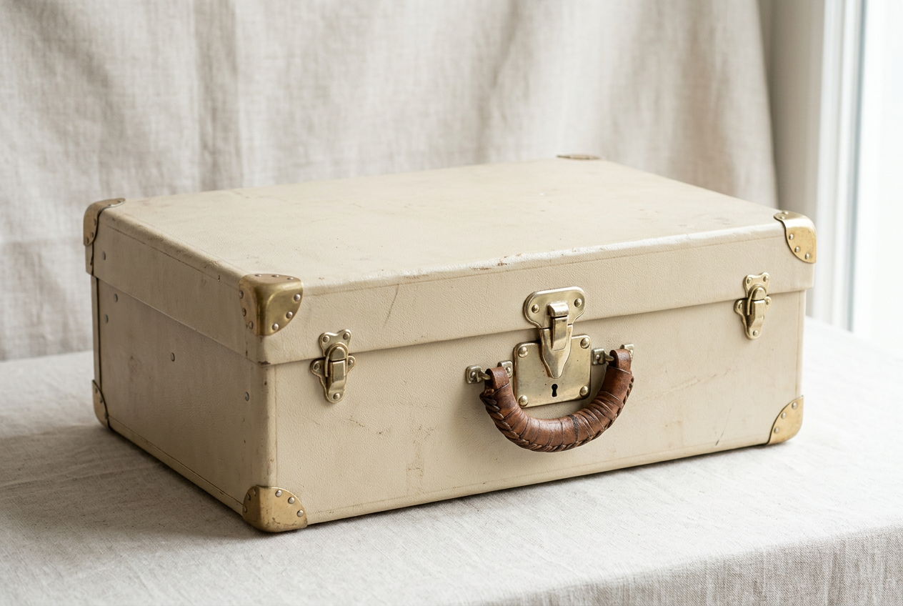 Valise Gamet beige, poignée cuir et coins renforcés (illustration d'après un modèle vintage)