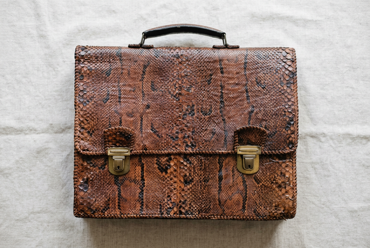 Serviette Gamet en cuir façon reptile, deux boucles laiton (illustration d'après un modèle vintage)