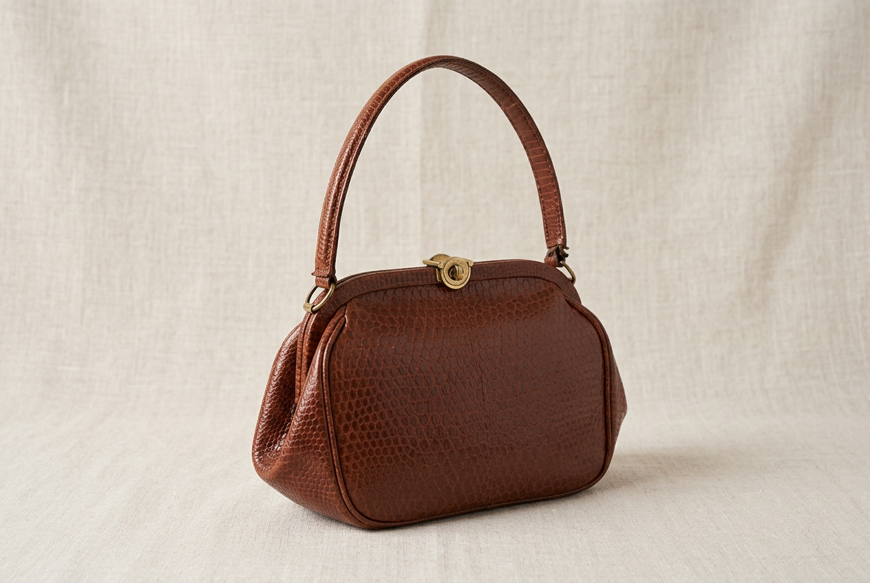 Sac à main Gamet en cuir brun grainé, fermoir laiton (illustration d'après un modèle vintage)