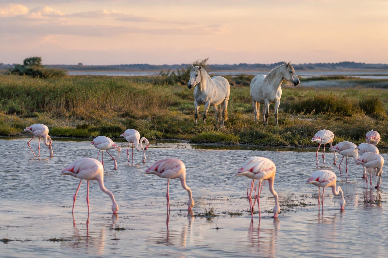 Chevaux blancs et flamants roses en Camargue (illustration)