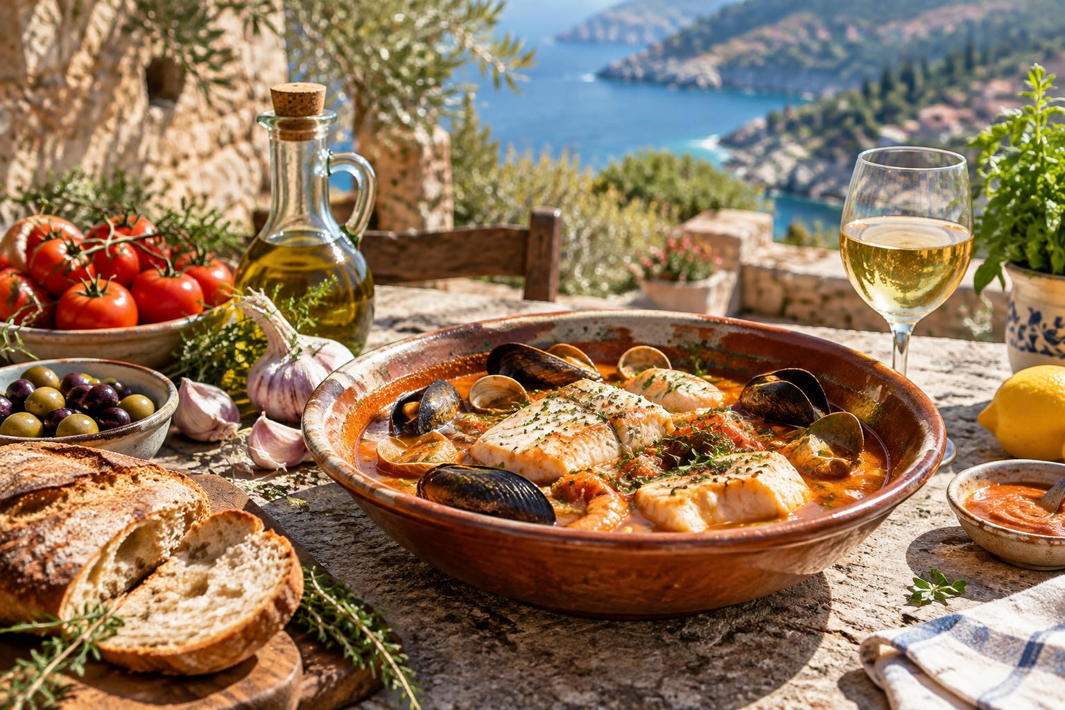 Table méditerranéenne : poisson, tomates, olives et huile d'olive (illustration)