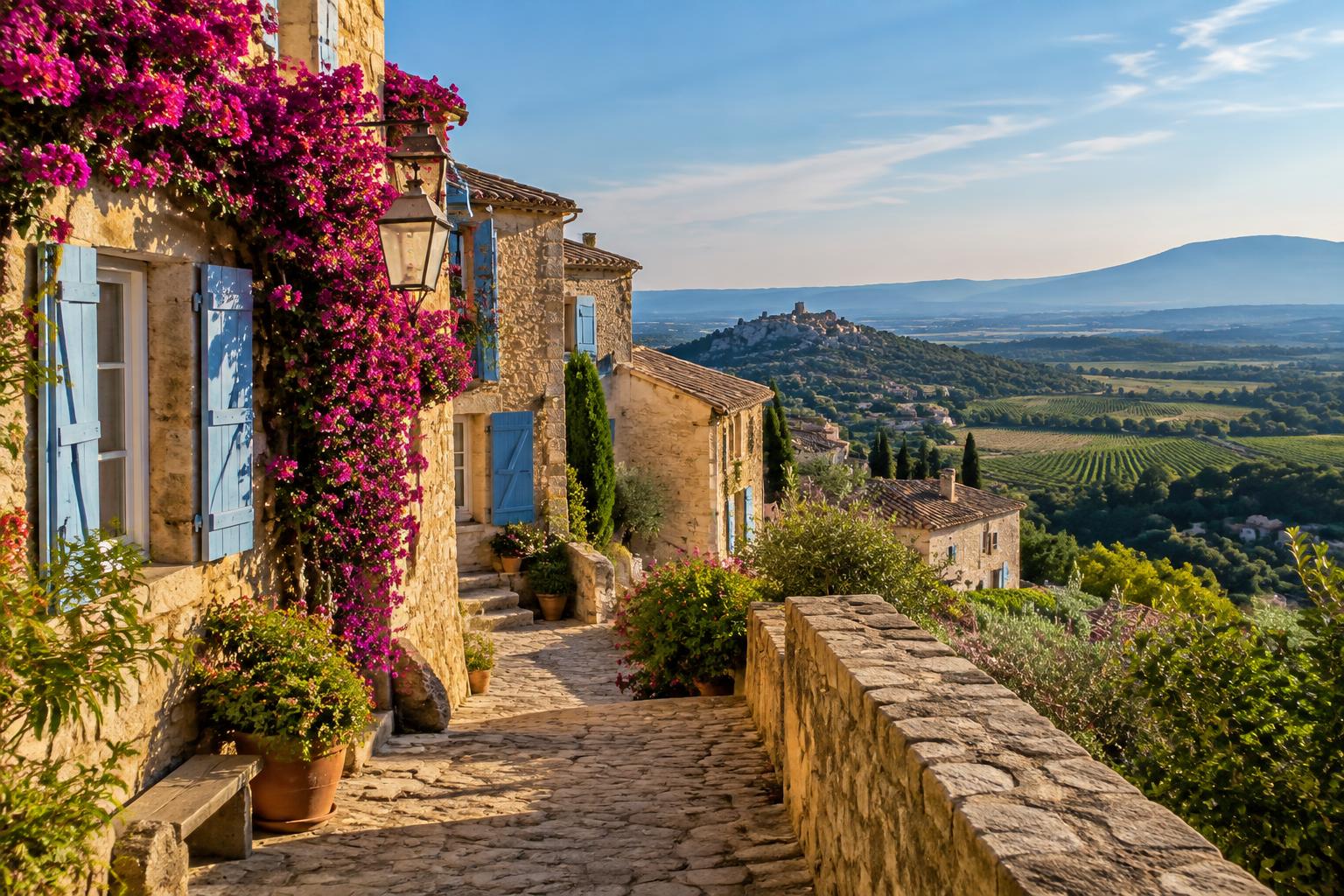 Ruelle fleurie d'un village provençal du Var (illustration)